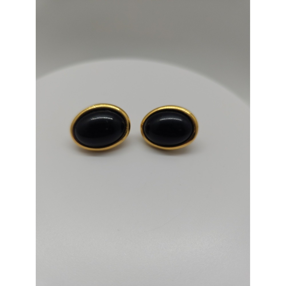 Trifari Signed Gold Tone Black  Enamel Oval Pierced On Earrings Vintage Basic